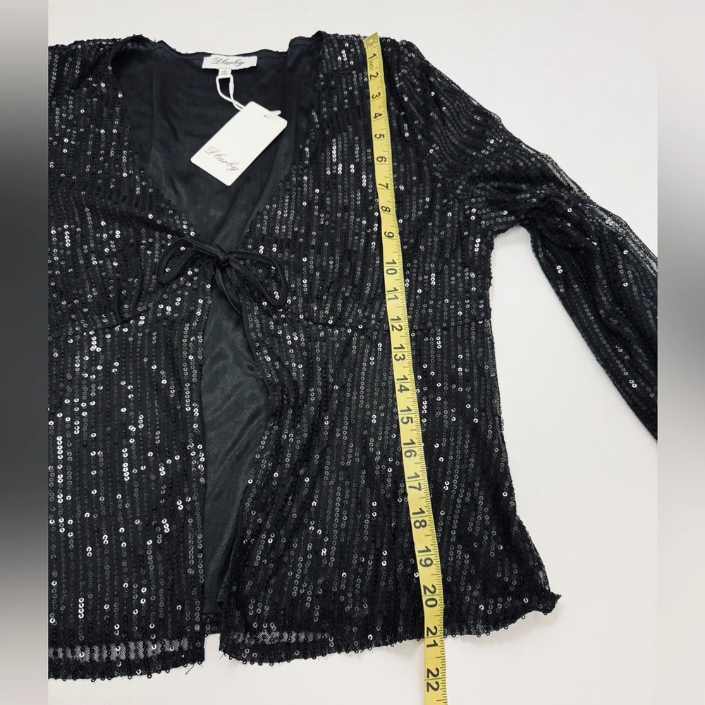 Women’s LinedTie Front Long Sleeve Sequin Cardigan Top Black XL NWT